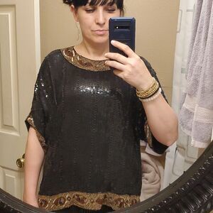 Vintage Sequin & Embroidered Silk Top with Dolman Sleeves by Justine Todd Size M
